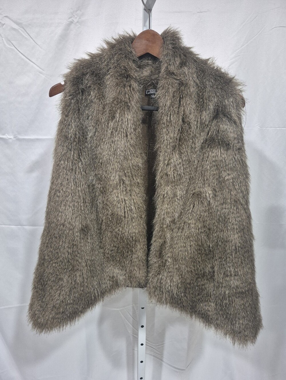Lisa International Faux Fur Sweater Vest Large Brown Open-Front Boho